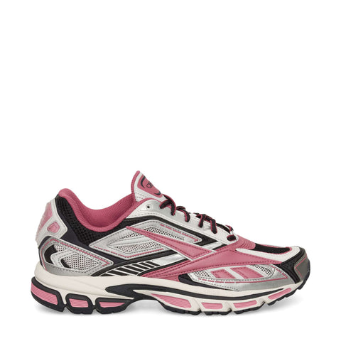 The Reebok Premier Road Ultra Shoes feature a pink, white, and black design with mesh and synthetic overlays, a lace-up closure, and a cushioned dual-density midsole for comfort.