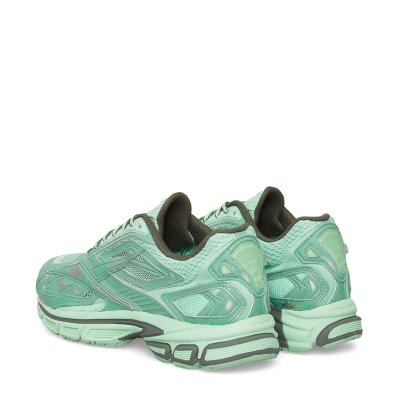 A pair of Reebok Premier Road Ultra Shoes in mint green with dark green accents and thick, textured soles with a dual-density midsole, shown from an angled rear view.