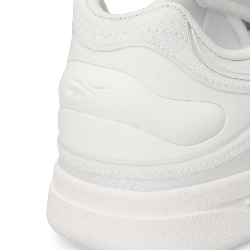 Close-up of the heel and side of Reebok Hammer Pro LTD Shoes with a subtle logo embossed on textured faux leather. Smooth and mesh materials combine with a durable rubber sole for a clean, minimalistic look.