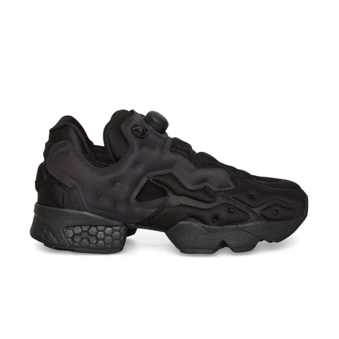 The Reebok Instapump Sliver is a black athletic sneaker featuring a chunky sole, textured accents, and a futuristic design with a visible air pump system on the tongue plus Hexalite heel cushioning for superior comfort.