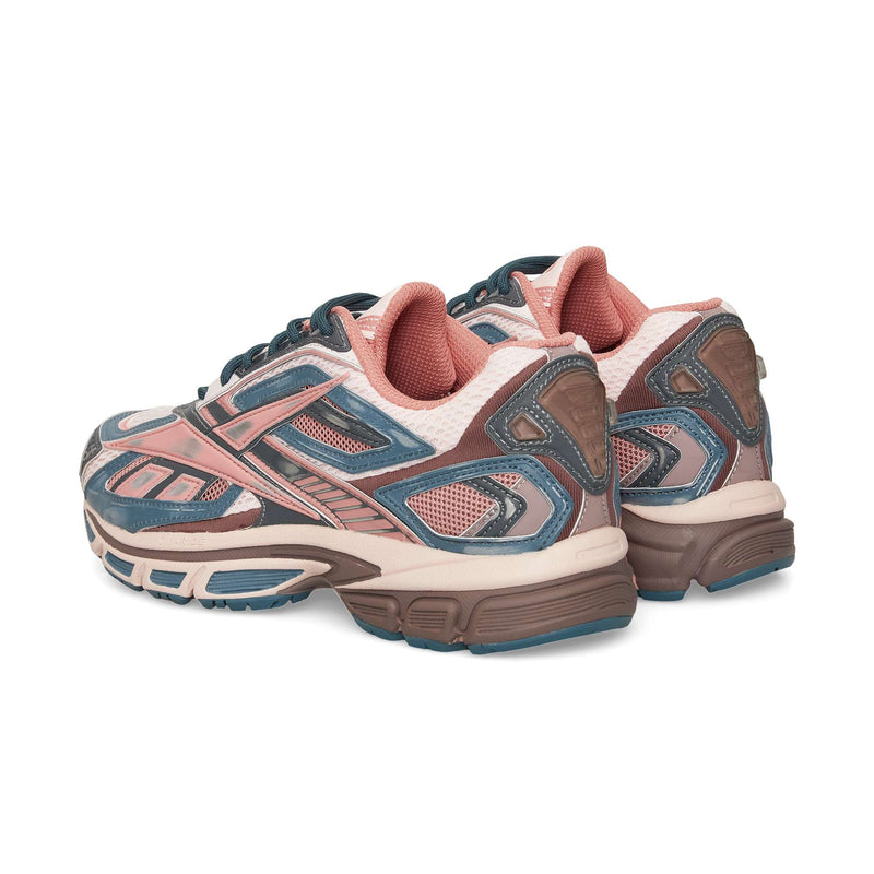 The Reebok Premier Road Ultra sneakers, shown from a rear side angle on a white background, feature mesh and synthetic paneling in pink, blue, and brown with a dual-density midsole.