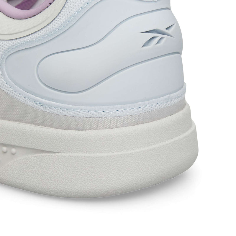 Close-up of the heel on Reebok Hammer Pro Ltd sneakers, showing a durable rubber sole, white and light blue hues, subtle branding, and a touch of purple at the top edge.