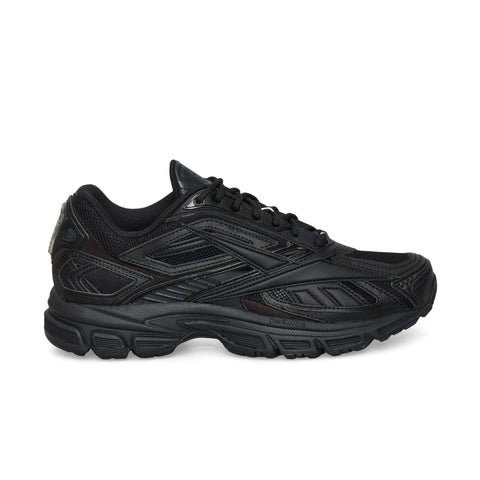 The Reebok Premier Road Ultra is a black running sneaker with a mesh and synthetic upper, detailed stitching, black laces, and a thick dual-density midsole for comfort—shown in side profile.