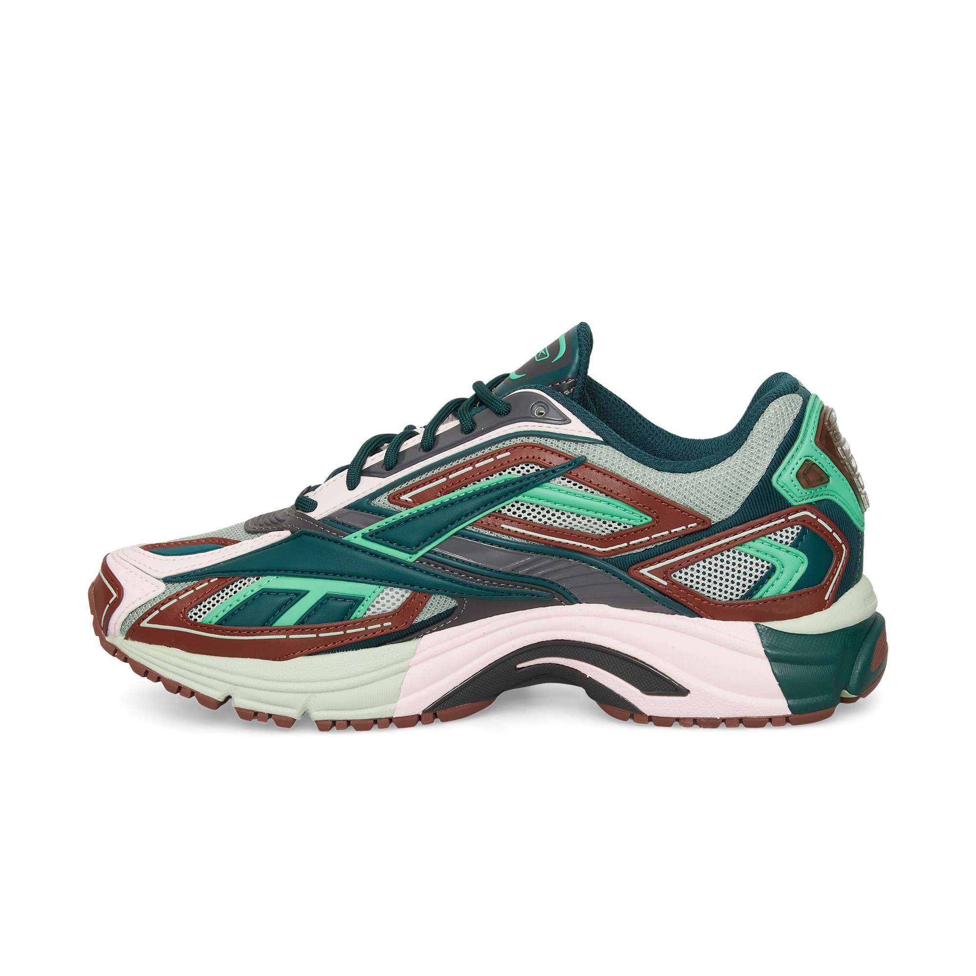 The Reebok Premier Road Ultra is a stylish running sneaker with green, pink, brown, and teal mesh and synthetic panels, a layered look, chunky dual-density midsole, and side profile shown on white. Inspired by the original Premier Road Ultra.