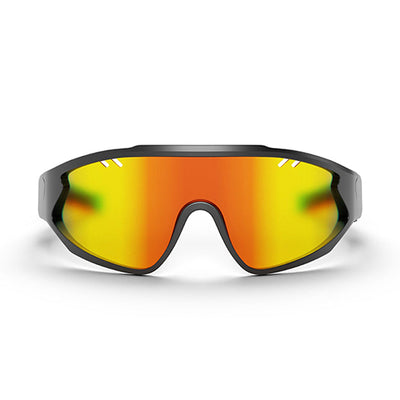 A pair of black sports sunglasses with large, wraparound, orange-yellow mirrored lenses, viewed from the front against a white background.