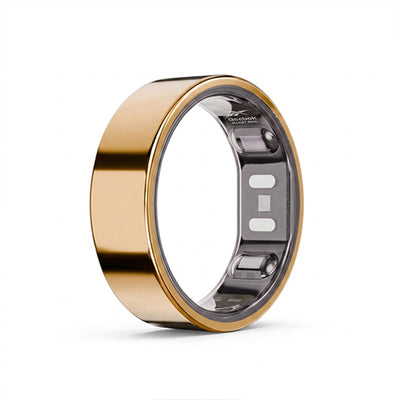 A gold-colored smart ring with a smooth, shiny exterior and visible internal sensors, displayed on a white background.