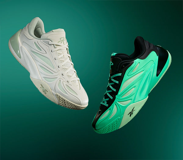 Two athletic sneakers floating against a dark teal gradient background. The left shoe is off-white with pale mint green accents, and the right shoe is black with a bright mint green side panel and matching laces.