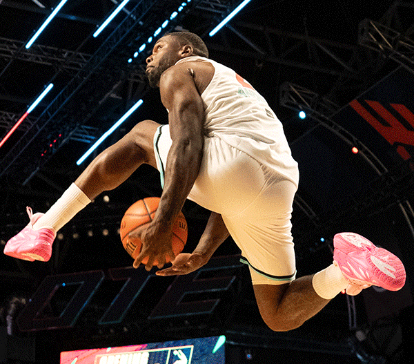 multiple shots of basketball players dunking