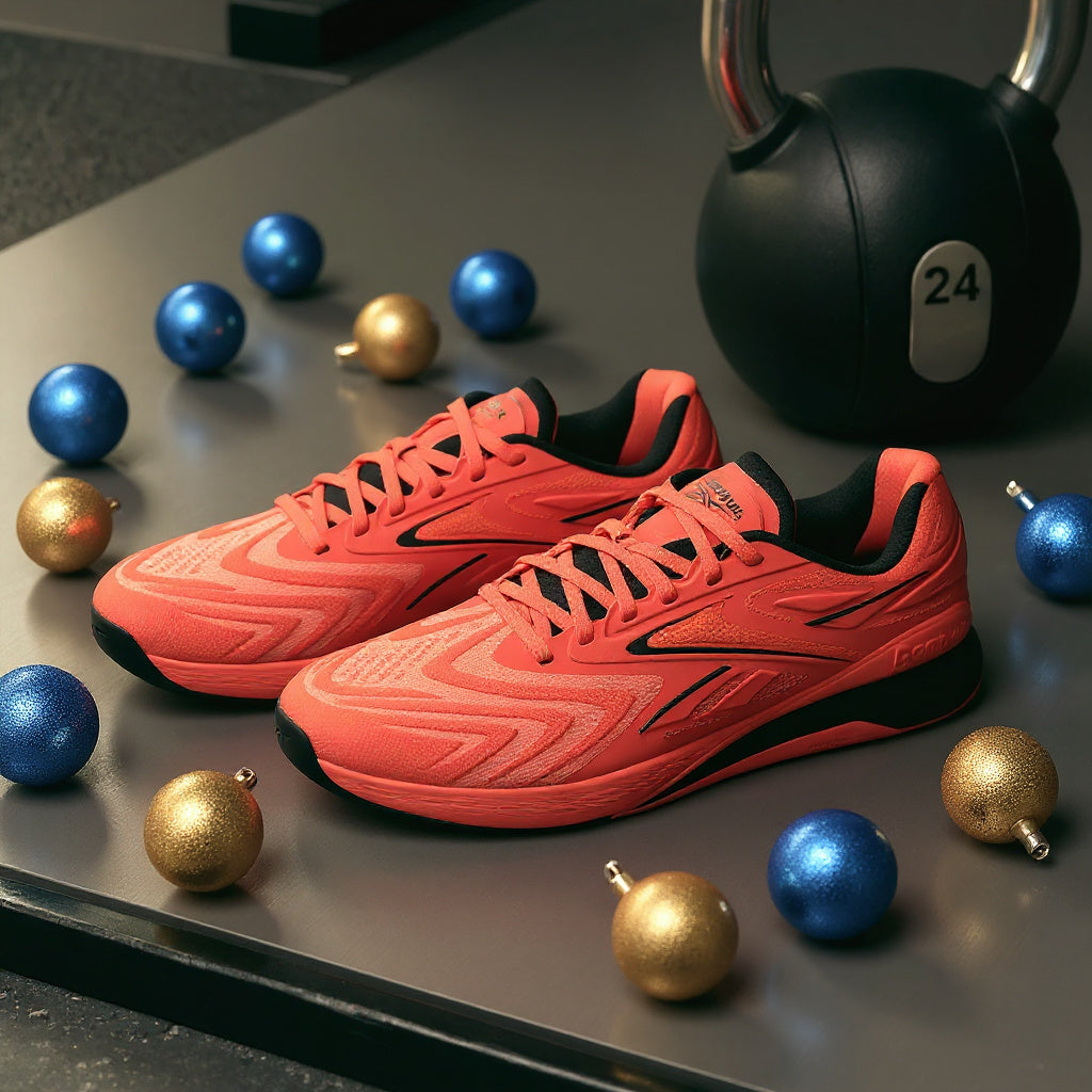 A pair of bright coral-pink running shoes styled on a dark floor with a kettlebell, a person's hands and leg visible, and several gold and blue Christmas ornaments.